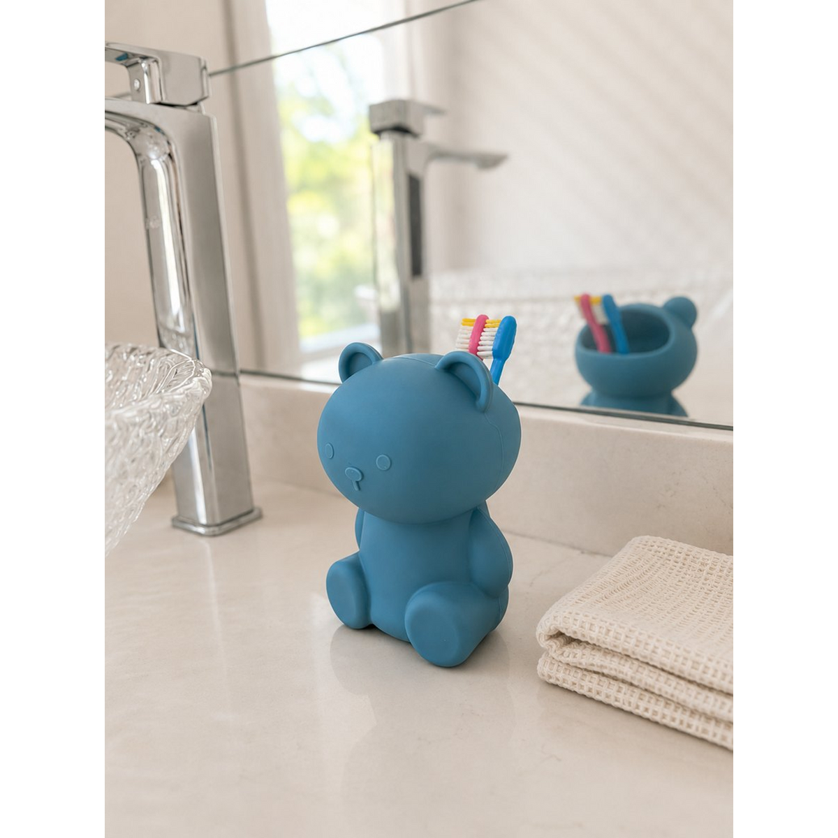 Hazy Blue bear toothbrush holder in bathroom