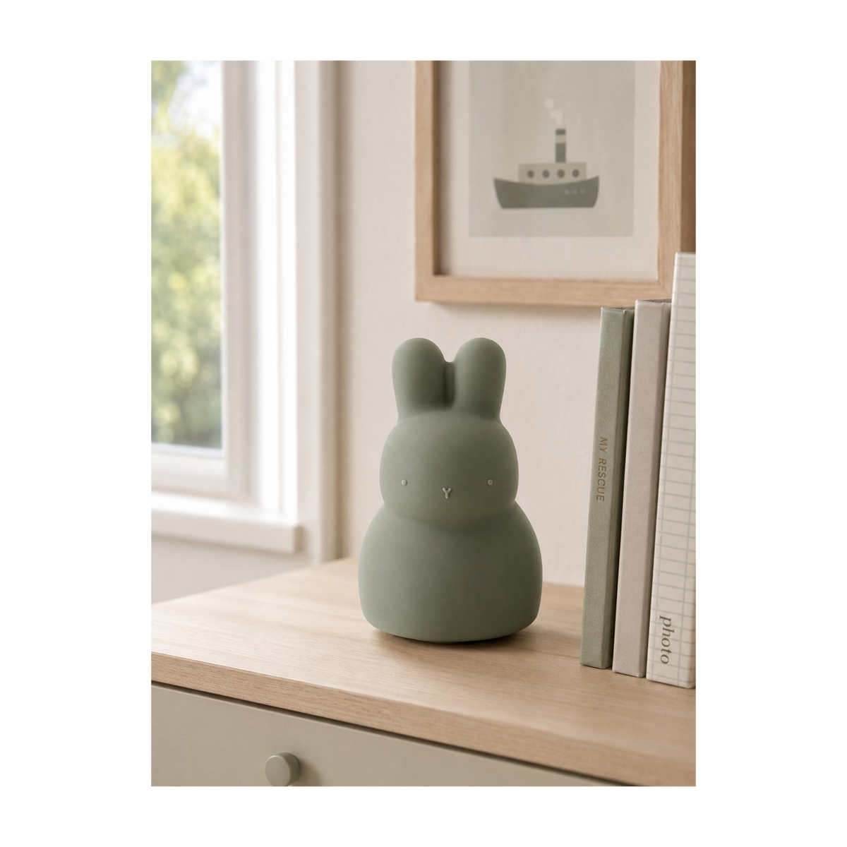 Silicone Piggy Bank Bunny Sage Green in nursery