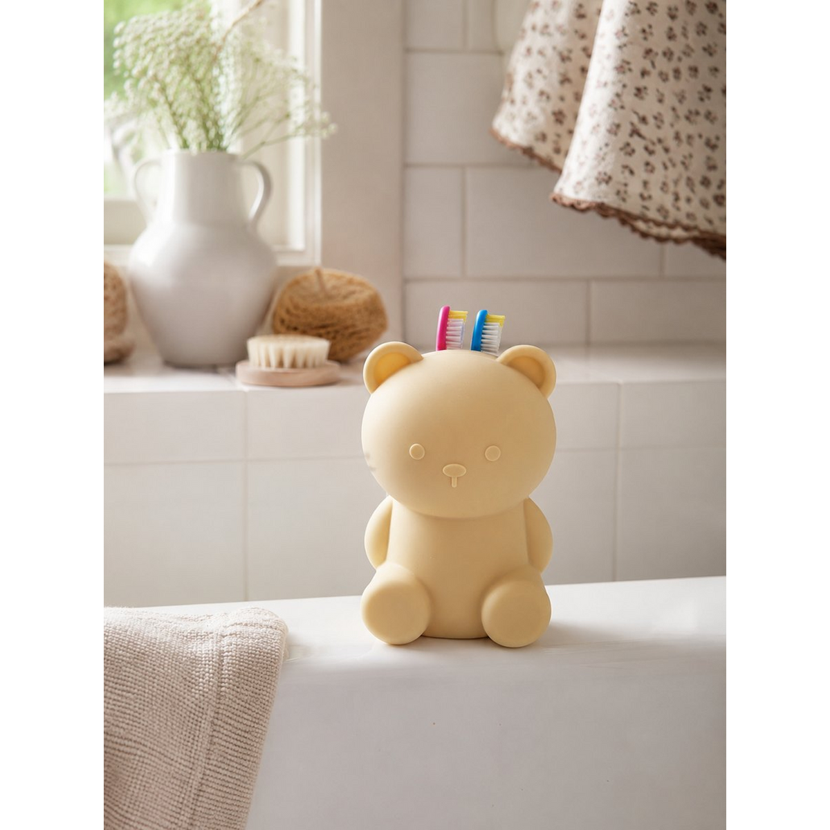 Vanilla bear toothbrush holder in bathroom